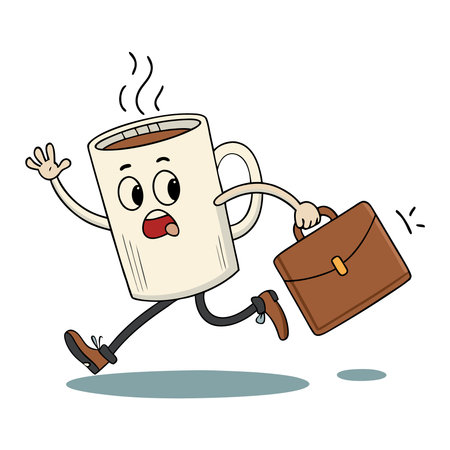 Coffee mug character running with briefcase. Vector illustration.のイラスト素材