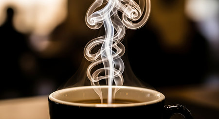 a steaming cup of coffee is shown against a blurred background, creating a sense of warmth and relaxationの素材