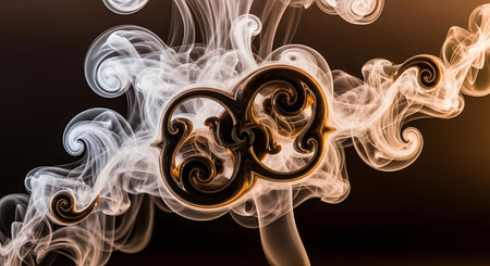 a golden key is surrounded by swirling smoke, creating a mystical and elegant visual on a dark backdropの素材