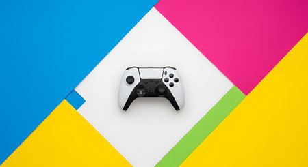 White joystick on colorful background. Minimal style. Top view.の素材