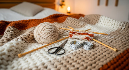 Knitting needles, woolen ball of yarn and measuring tape on bedの素材