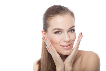 Portrait of a fashion model, isolated on white background with copyspaceの写真素材