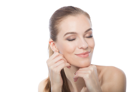 Beautiful woman spa portrait, over white backgroundの写真素材