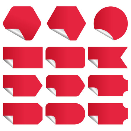 Set of red paper stickers with curled corners. Vector design elements.のイラスト素材