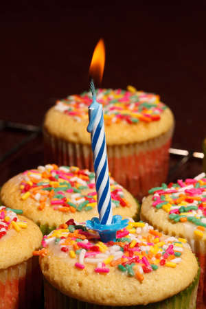 A close up of a vanilla flavored cupcake with sprinkles and a candle on topの写真素材