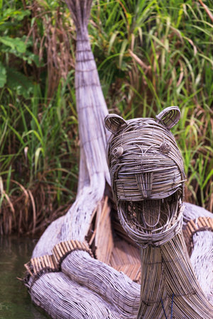 A primitive fishing boat fashioned from reeds and in the shape of a dragonの写真素材