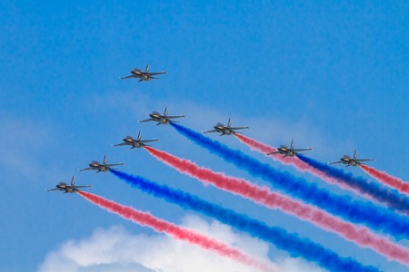 ROKAF Black Eagles Aerial Acrobatics Team in T-50B Jets performing at the 2014 Singapore Air Show.のeditorial素材