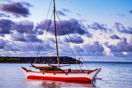 A micronesian tribal catamaran at anchor at the mouth of the bay.の写真素材