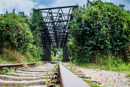 Close up of defunct railroad tracks leading up to a bridge.の写真素材