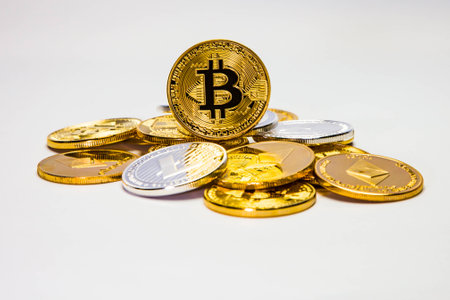 A single bitcoin coin on top of a pile of crypto currency.の写真素材