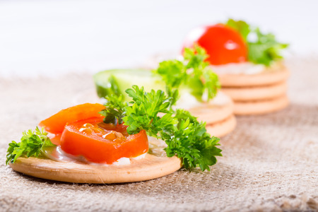 Vegetables on crackers: pieces of tomato and parsley. Close up, small depth of sharpnessの写真素材