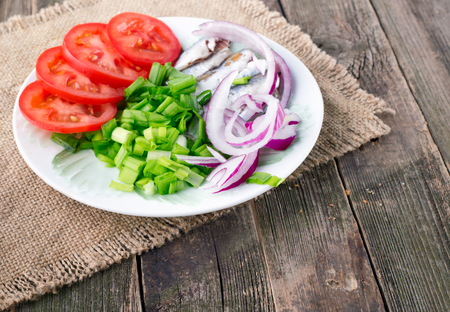 Snack in rural style. Fresh vegetables: tomatoes, green onions, onions and a sprat on a plate.  Close up, selective focusの写真素材