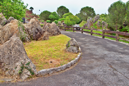 View of the Parque de la Naturaleza in cloudy summer day. Wood fancy relief, green grass and stone roadsの写真素材