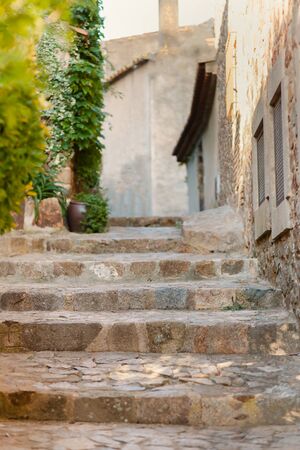 Narrow street of a medieval European city, in the foreground steps from paving stones, the wall is...