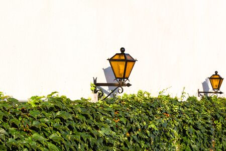 Street lights on a white plastered wall on a sunny dayの写真素材