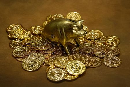 Photo of Gold Coins and a Brass Piggy Bankの写真素材