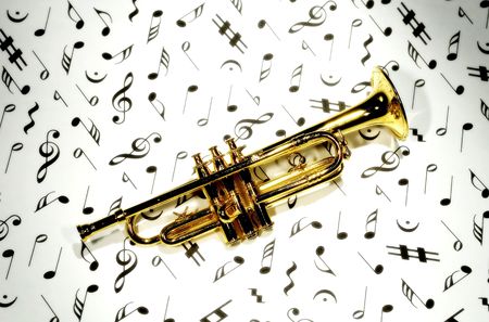 Photo of a Trumpet on Musical Notesの写真素材