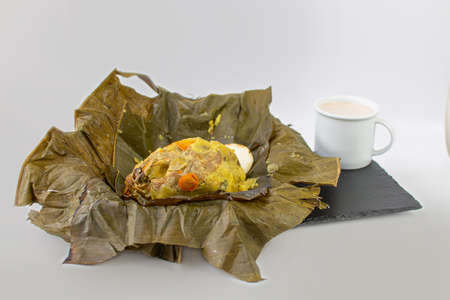 Rice dumplings stuffed with meat on a white backgroundの写真素材