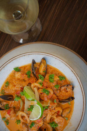 Seafood soup with shrimps, mussels and shrimpsの写真素材