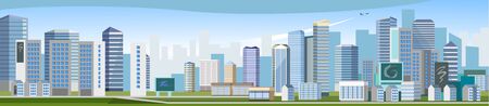 Big modern city in the afternoon. Day Skyscrapers Blue distance, horizon. City streets. A city for a happy life, successful work, profitable business. Blue design. Vector illustration. Backgroundのイラスト素材