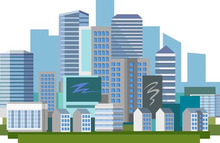 Big modern city in the afternoon. Day Skyscrapers Blue distance, horizon. City streets. A city for a happy life, successful work, profitable business. Blue design. Vector illustration. Backgroundのイラスト素材