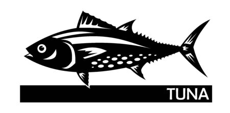 Tuna fish is a species of mackerel. Tunny. Thunnus. Fish for labels, logo, packaging. Fishing for tuna. Atlantic or Pacific tuna. Family Scombridae. Oceanic Tasty. Vector illustration. Isolated.のイラスト素材