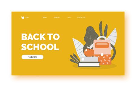 Back to school landing page background, banner for presentation, web site, internet store, shop. Poster with text space, school supplies including backpack, book, apple, plantsの写真素材