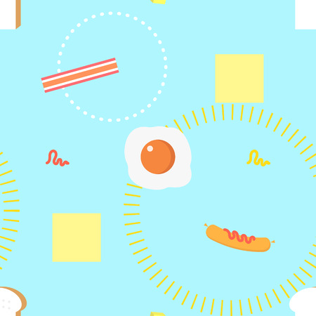seamless bread breakfast repeat pattern with egg, bacon, cheese plate, butter,ketchup, and mayonnaiseのイラスト素材
