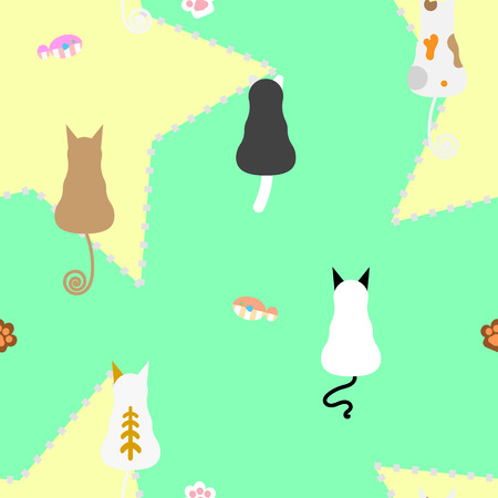 seamless cat repeat pattern with fish and foot print in green backgroundのイラスト素材