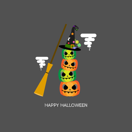 Happy Halloween with pumpkin and broom in grey backgroundのイラスト素材