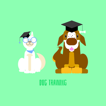 the training school white siberian husky dog with glasses and saint bernard with mortar board in green background,flat  illustration cartoon character costume design isolatedのイラスト素材