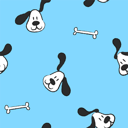 seamless pencil doodle draw line art dog repeat pattern  with bone  in blue background flat  illustration designのイラスト素材