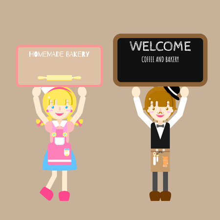 cute barista boy and chef girl holding label blank paper speech bubble balloon. vector illustration text box banner frame cartoon charater for restaurant and kitchenのイラスト素材