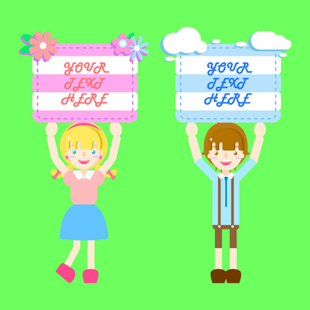 cute boy and girl holding label blank paper speech bubble balloon. vector illustration text box banner frame cartoon charaterのイラスト素材