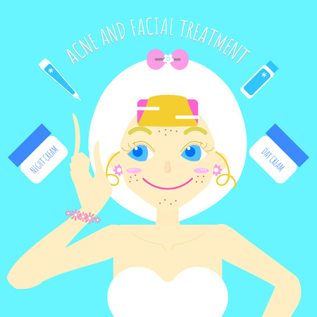 cute pretty girl cosmetic make up and beauty spa skin care treatment flat character design. vector illustration backgroundのイラスト素材