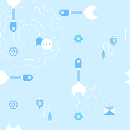 seamless information technology with wrench icon and gear cog repeat pattern in bright blue background flat vector illustration abstract designのイラスト素材
