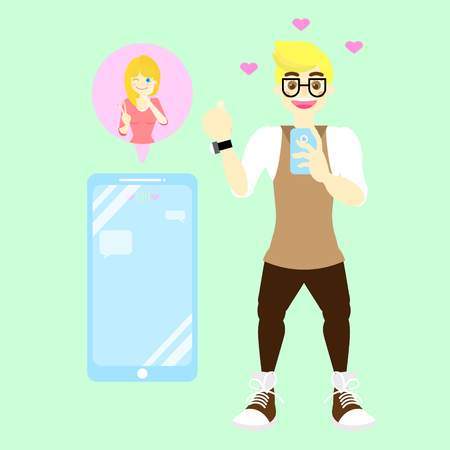 man holding smart phone using dating application site concept online chat with woman,flat cartoon character design vector illustrationのイラスト素材