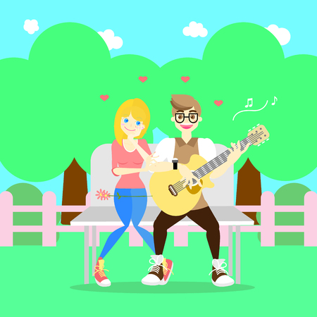 man playing guitar and woman dating at park,valentine's day couple concept,flat cartoon character design,vector illustrationのイラスト素材