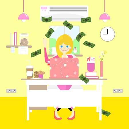 Successful and happy office woman under money with pink interior design, yellow background ,flat character design vector illustrationのイラスト素材
