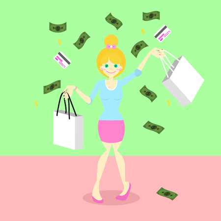 cute happy girl holding shopping bag concept under falling money and credit card, character design,cartoon flat vector,illustration in pink and green backgroundのイラスト素材
