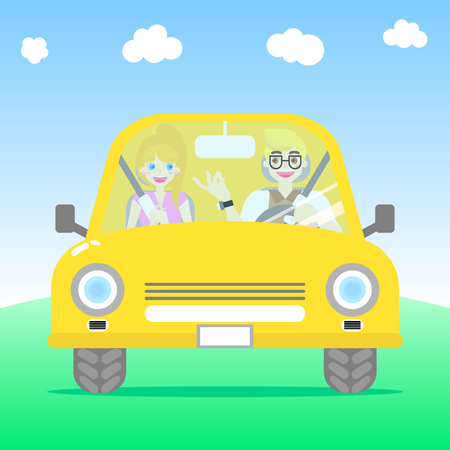 man and woman couple lover driving yellow car in front view, vector illustration flat cartoon character design clip artのイラスト素材