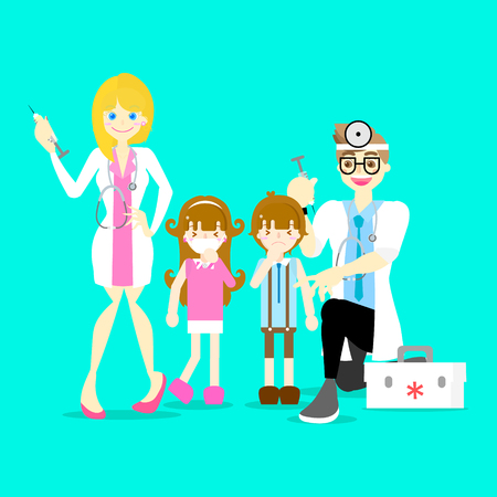 male and female doctor holding medical injection syringe giving injection vaccine to boy and girl, health care concept,  background,vector illustration cartoon flat character design clip artのイラスト素材