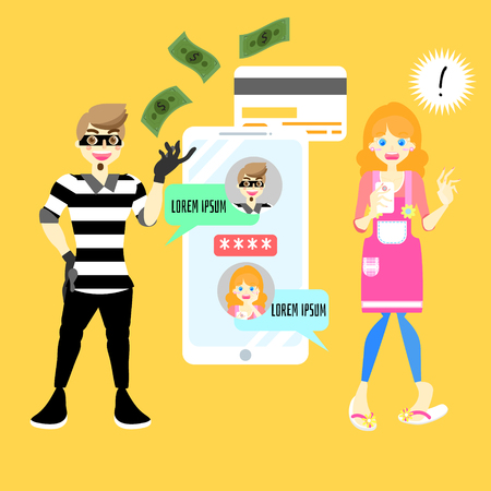 male,man cyber hacker scammer online stealing money concept with shocked female,woman holding mobile smart phone, background flat vector illustration  character cartoon design clip artのイラスト素材
