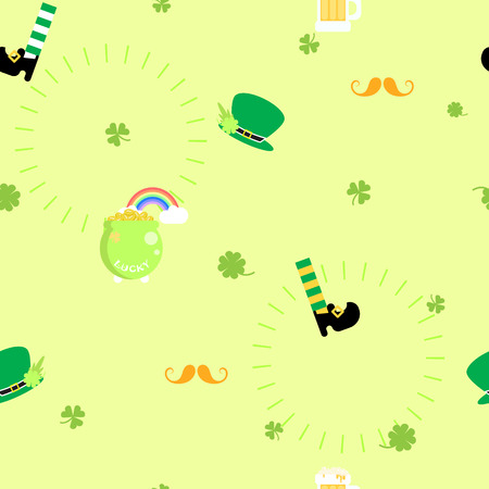 seamless repeat pattern saint patrick's day with clover leaf shamrock, sock and shoes, gold and rainbow, hat, beard, beer in green background flat vector illustration designのイラスト素材