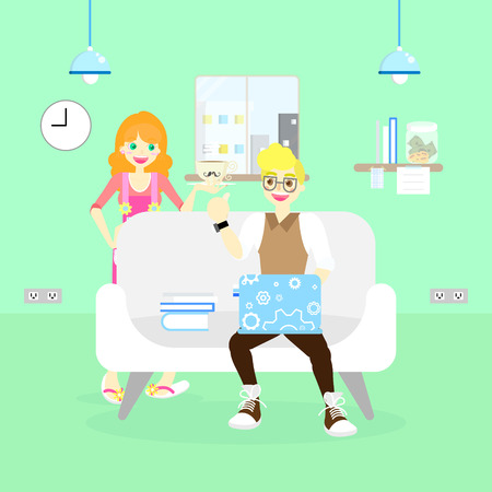 Married Couple Businessman Freelance Working At Home On Weekend