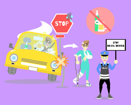 man driving and drinking alcohol, crash car with stop sign, patient broken leg and arm bone, police holding stop drunk driving sign, accident concept, vector illustration flat cartoon character designのイラスト素材
