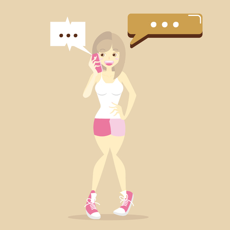 beautiful woman answering mobile phone, talking on cell phone with speech bubble, flat vector illustration cartoon character design clip artのイラスト素材