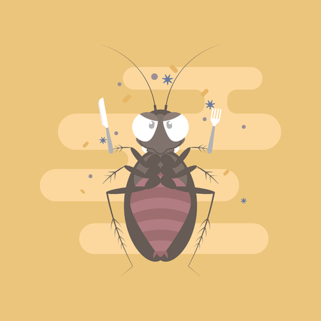 cockroach holding fork and knife, pest control concept, flat character design clip art vector illustration cartoon sign logoのイラスト素材