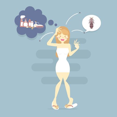 woman scratching head, having head lice, thinking about treatment, flat character design, cartoon  infographic, vector,illustrationのイラスト素材