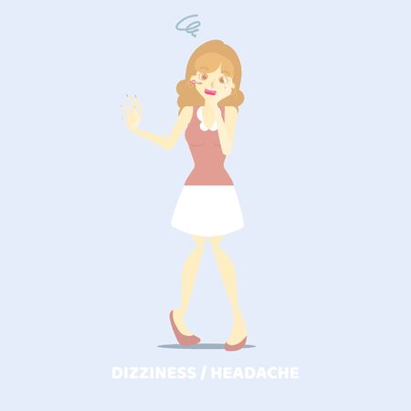 woman having dizziness, headache, confuse, migraine, health care disease symptoms concept, background,flat vector illustration cartoon character design clip artのイラスト素材
